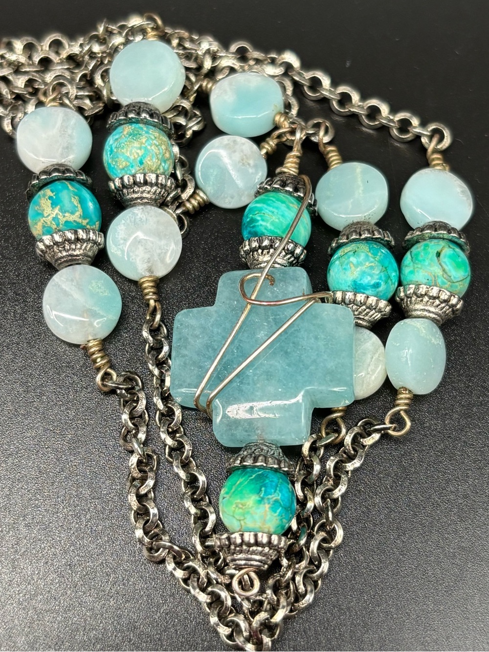 Carved Stone Cross Necklace Southwestern Wire Wrapped Gemstone Beaded 23”